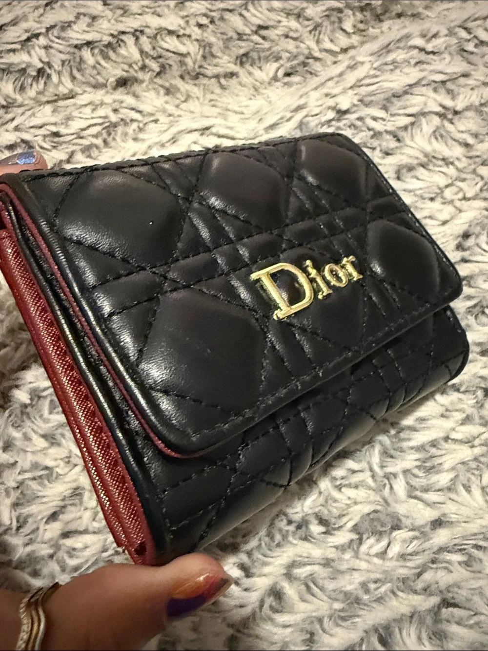 Black Quilted Trifold Wallet with Gold Logo